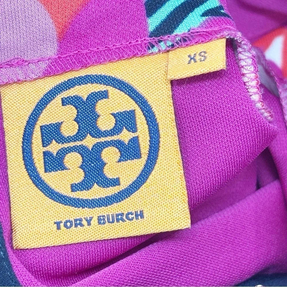 TORY BURCH Women’s Pink Blue Tulip AUGUSTINA Floral V-Neck Logo Dress Tie Sz XS